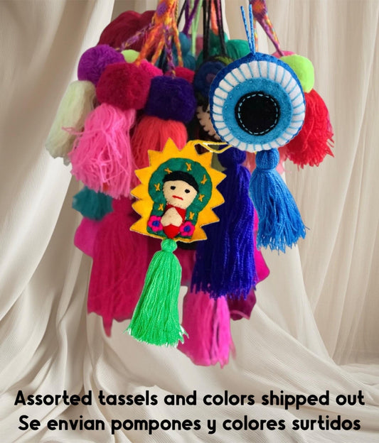 Lot of 12 Mexican Pompoms, Tassels Accessory Charms Keychains Bag Accessories 12 Pompones Artesanales Surtidos