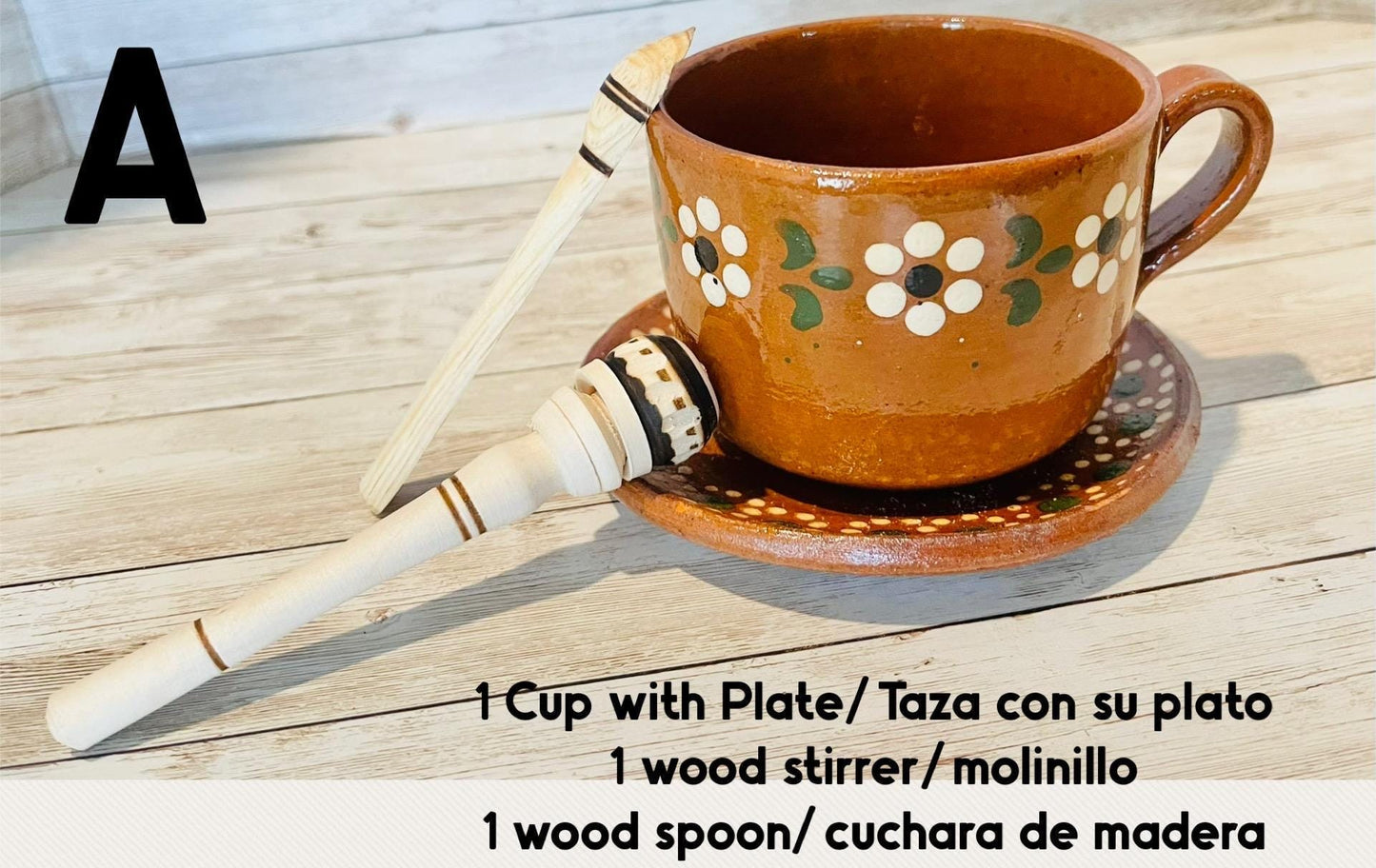 Taza de Barro y Plato con Molinillo y Cuchara de Madera Chica Terra Cota Mug with Plate & Small Wood Spoon and Stirrer for Mug