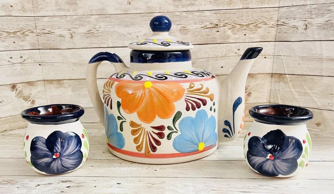 Terra Cotta Mexican Art Pottery CoffeeTea Pot with 2 Mugs Jarra Lechera Cafetera Artesanal Mexicana Engove con 2 Tazas