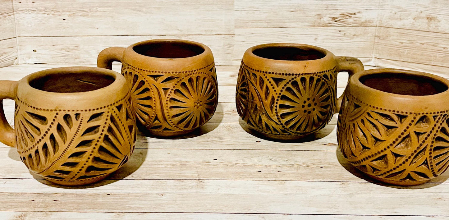 4X Mexican Artesanal Brown Clay Mexican Mugs Cups 4 Tazas Mexicanas Caladas de Barro Cafe de Oaxaca