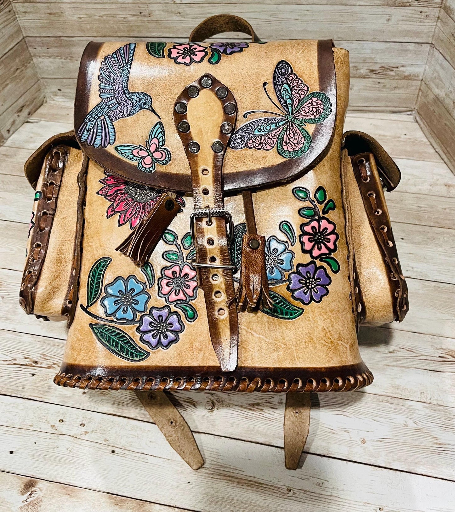 Hand Tooled Mexican Leather Backpack Mochila Mexicana De Piel Cincelada