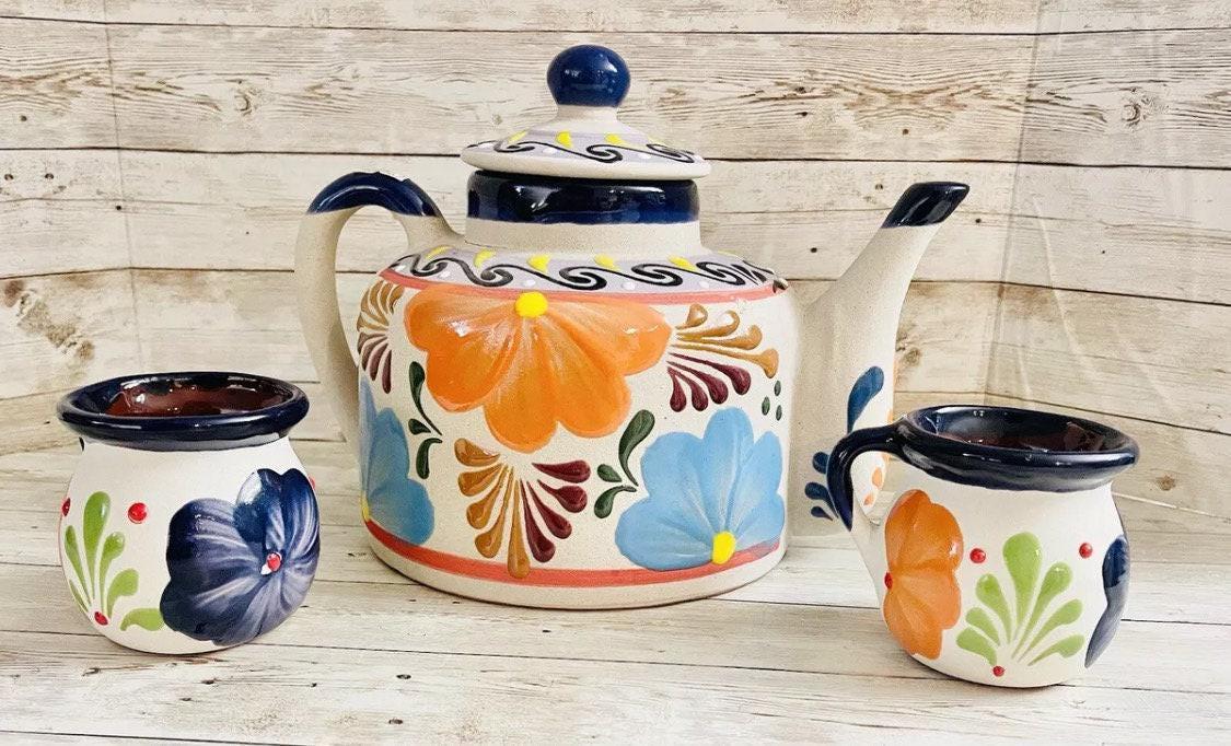 Terra Cotta Mexican Art Pottery CoffeeTea Pot with 2 Mugs Jarra Lechera Cafetera Artesanal Mexicana Engove con 2 Tazas