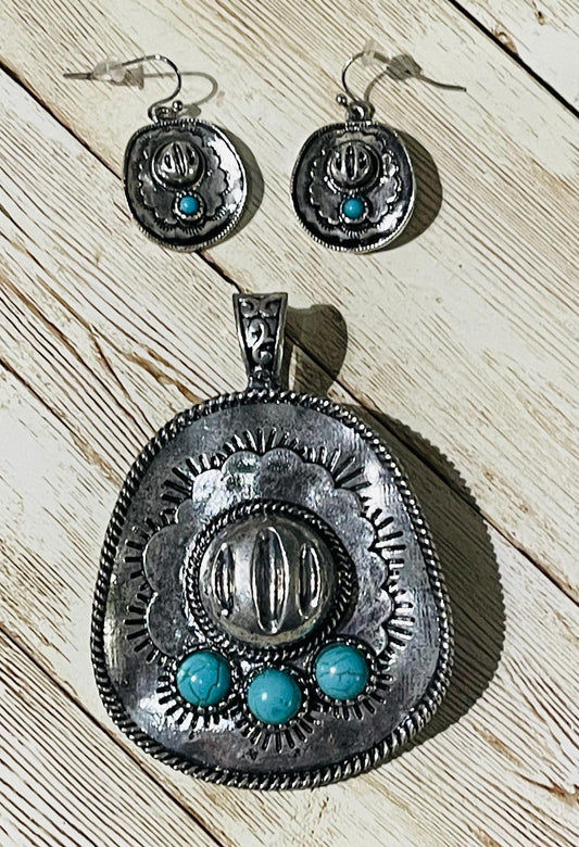 Cowboy Hat Pendant Neklace Set With Earrings Dije De Sombrero Con Aretes