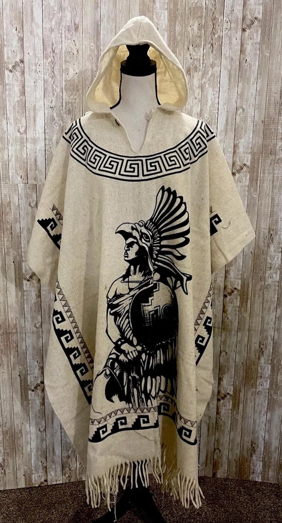 Mexican Aztec Warrior Wool PONCHO with Hoodie Poncho Mexicano De Lana Planchada  Azteca Guerrero con Gorro