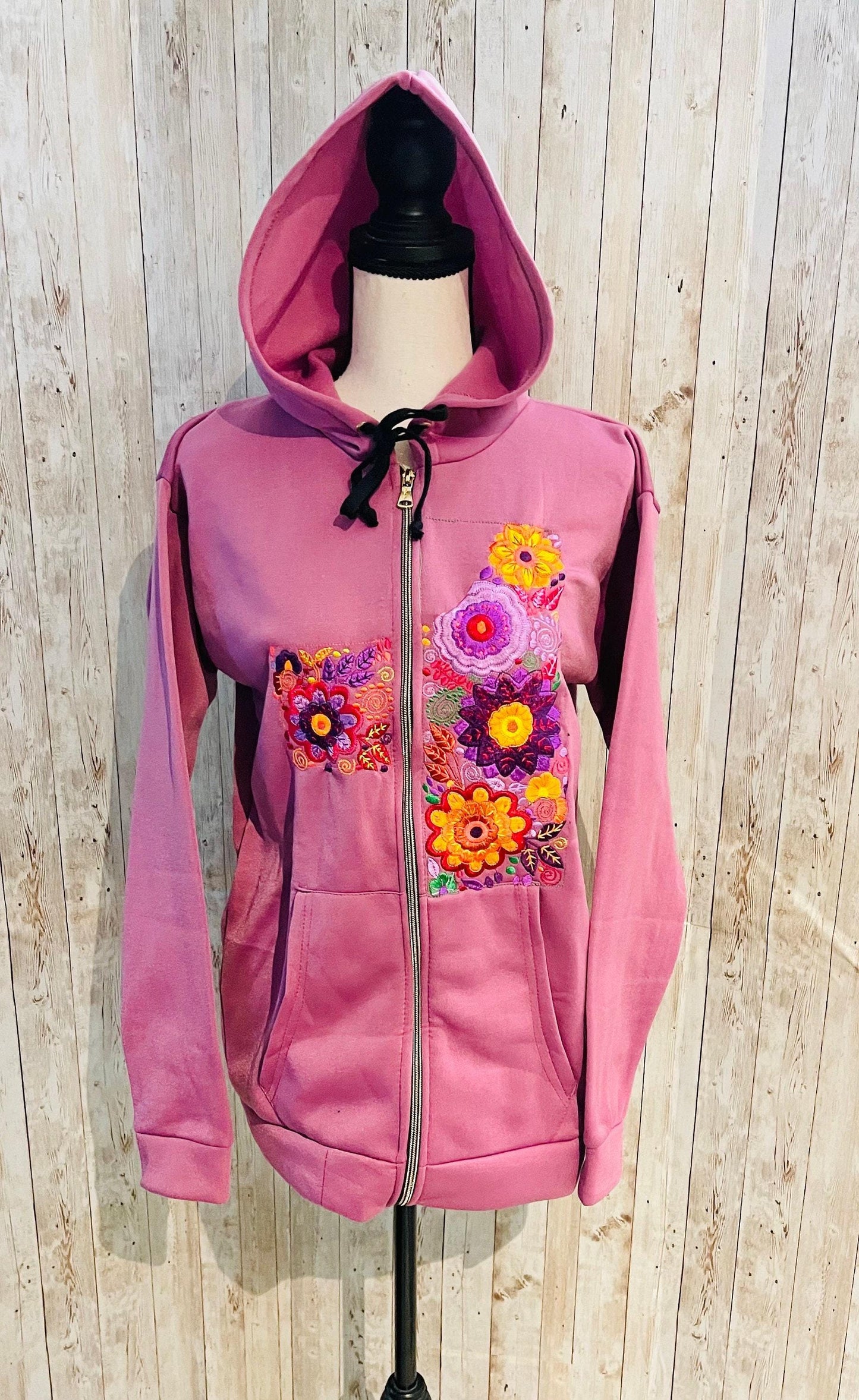 Mexican Embroidered Hoodie Zip Front Sweater Size XL Sueter Bordado Mexicano