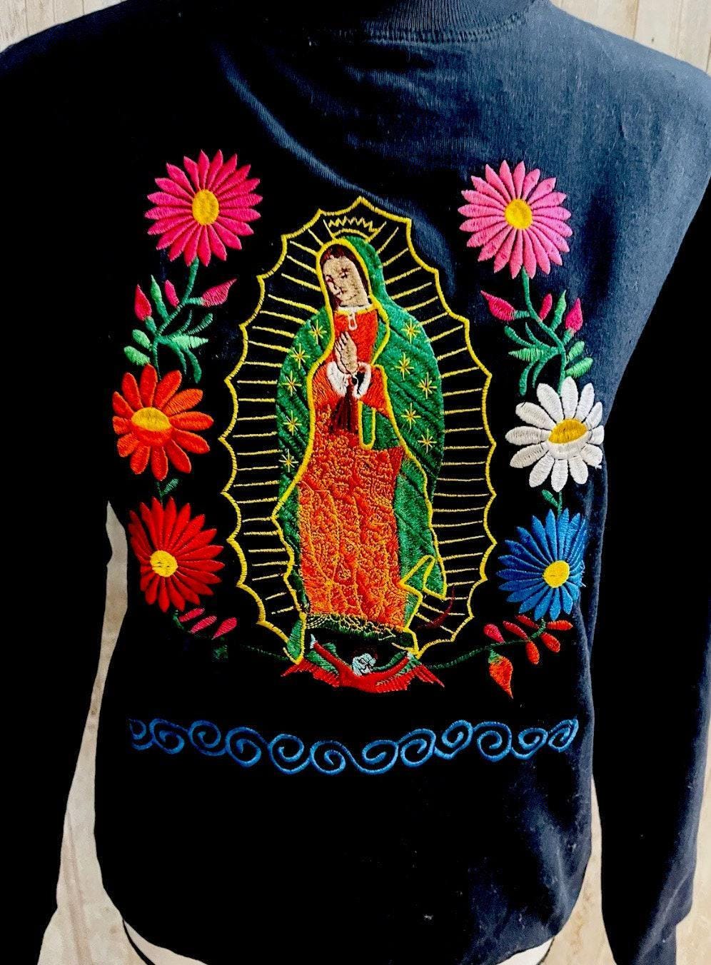 Mexican Embroidered Virgin Mary Sweater Size Small Sueter Bordado Mexicano de La Virgen Maria