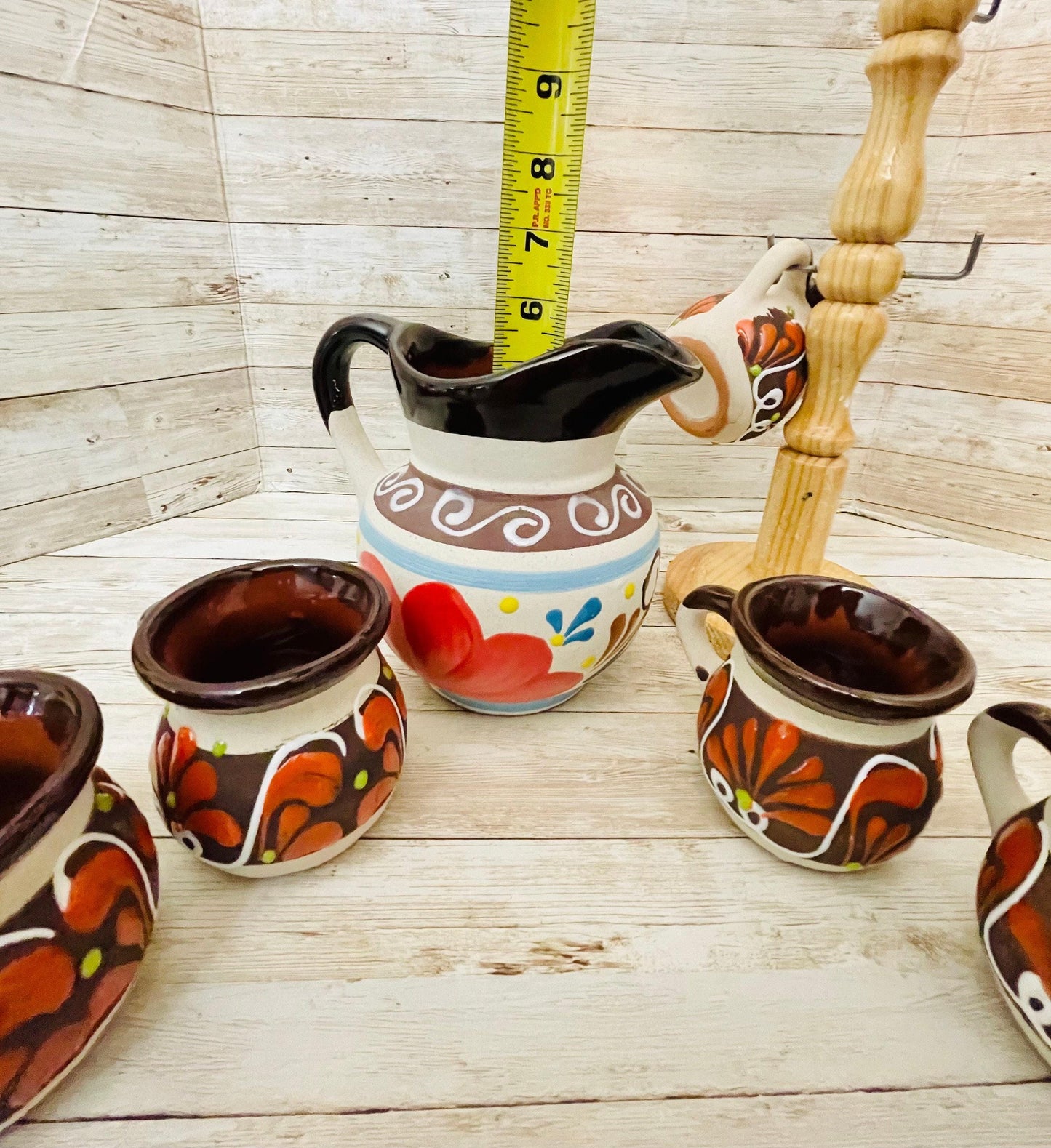 Terra Cotta Mexican Art Pottery CoffeeTea Pot with 6 Mugs and Mug Tree Jarra Lechera Cafetera Artesanal Mexicana Engove con 6 Tazas y Torre
