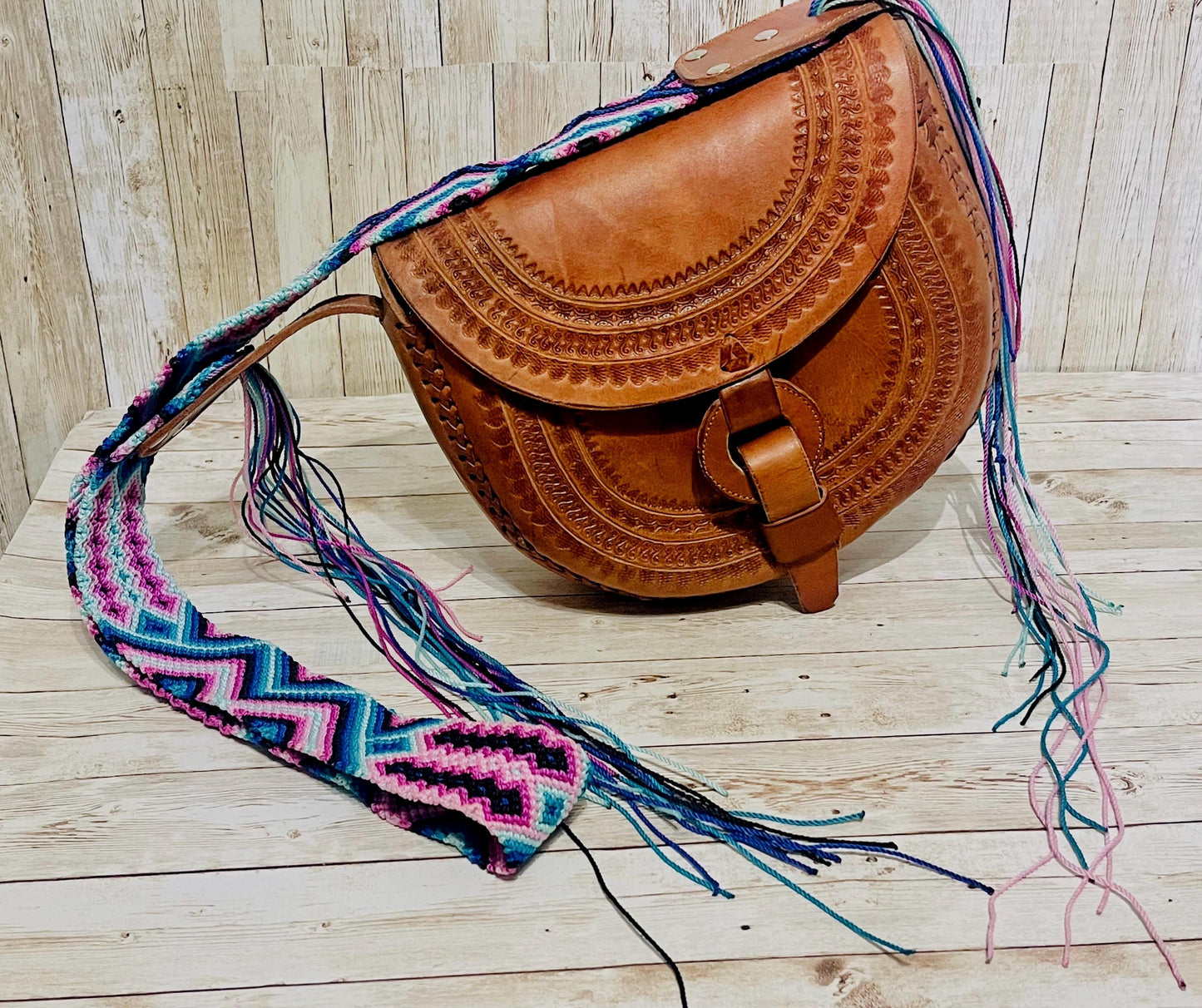 Handcrafted Tooled Western Mexican Leather Crossbody Bag with Woven Straps Bolsa Mexicana de Piel con Correa Tejida
