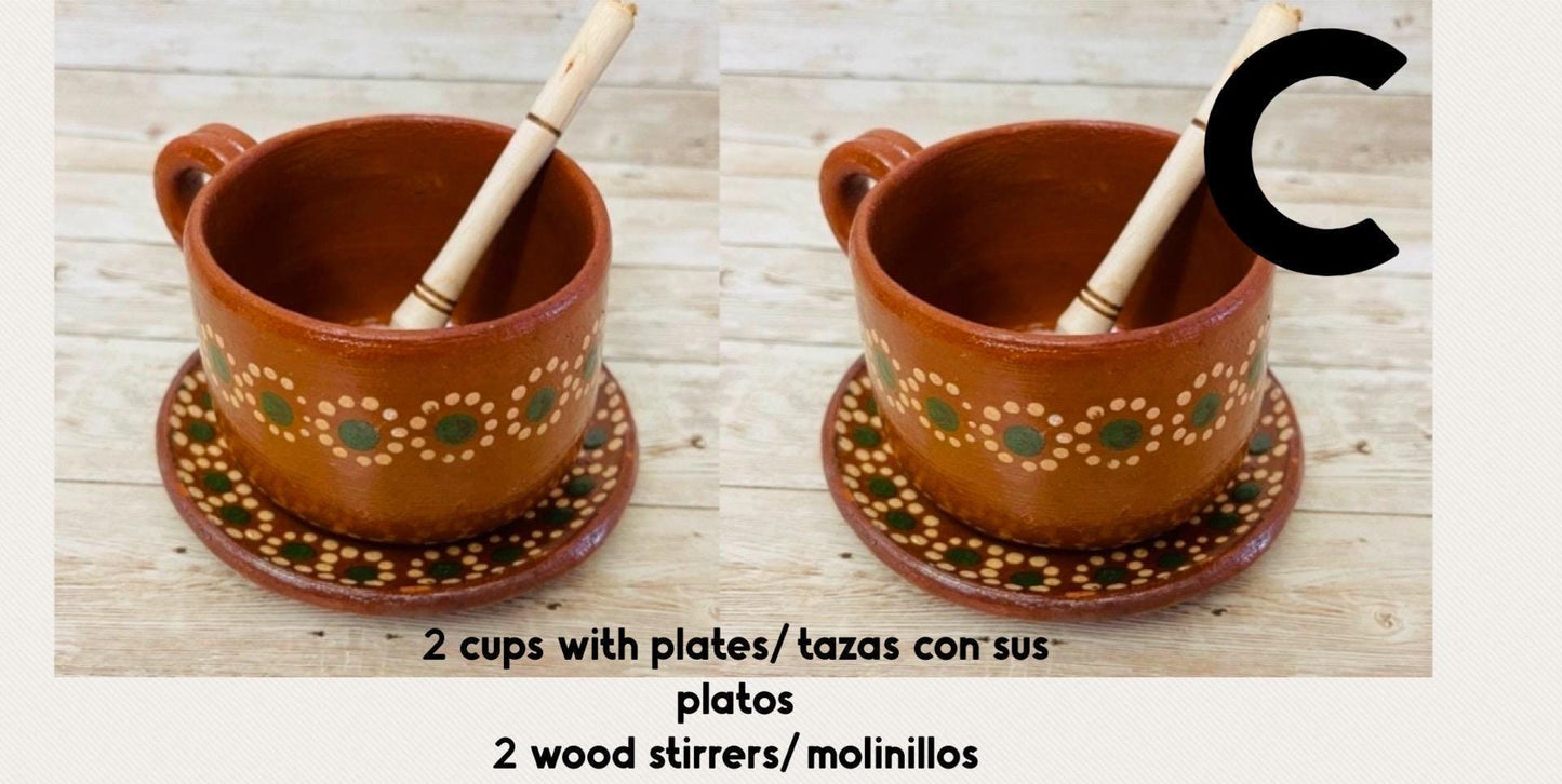 Taza de Barro y Plato con Molinillo y Cuchara de Madera Chica Terra Cota Mug with Plate & Small Wood Spoon and Stirrer for Mug