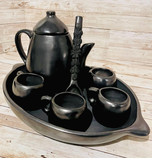 Black Oaxacan Mexican Clay Coffee Tea Pot Set with Cups Spoon & Holding Plate Tetera Artesanal de Barro Negro Artesanal Tazas y Plato Oaxaca