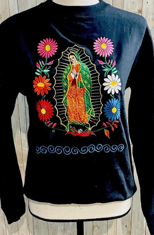 Mexican Embroidered Virgin Mary Sweater Size Small Sueter Bordado Mexicano de La Virgen Maria