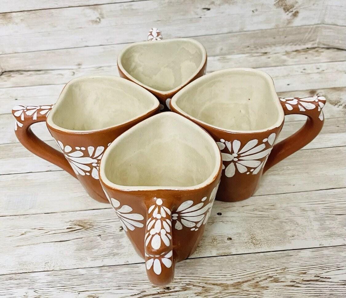 4x Mexican Ceramic Heart Shaped Pottery Cups 4x Tazas de Ceramica Mexicanas en Forma de Corazon