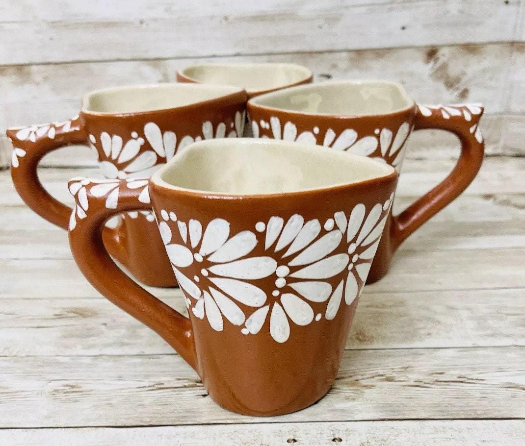 4x Mexican Ceramic Heart Shaped Pottery Cups 4x Tazas de Ceramica Mexicanas en Forma de Corazon
