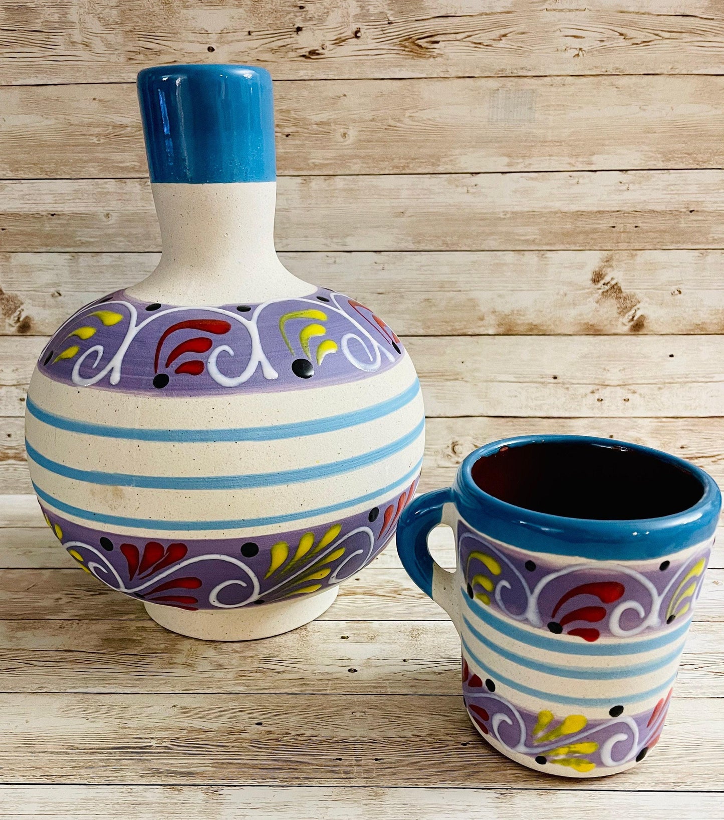 Terra Cotta Mexican Art Water Jug with Cup Garrafon de Barron Artesanal Mexicana con Vaso