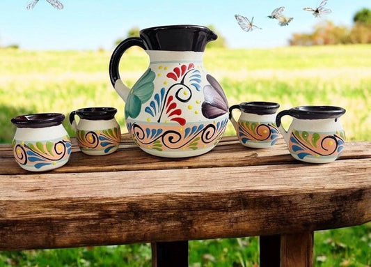 Terra Cotta Mexican Art Pottery Pitcher With 6 Cups Jarra Artesanal Mexicana