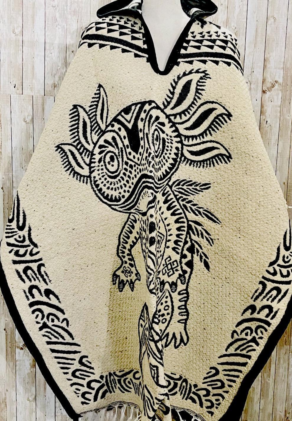 Mexican Wool PONCHO Huichol Aztec Calendar Poncho Mexicano De Lana Afelpado Huichol con Calendario Azteca