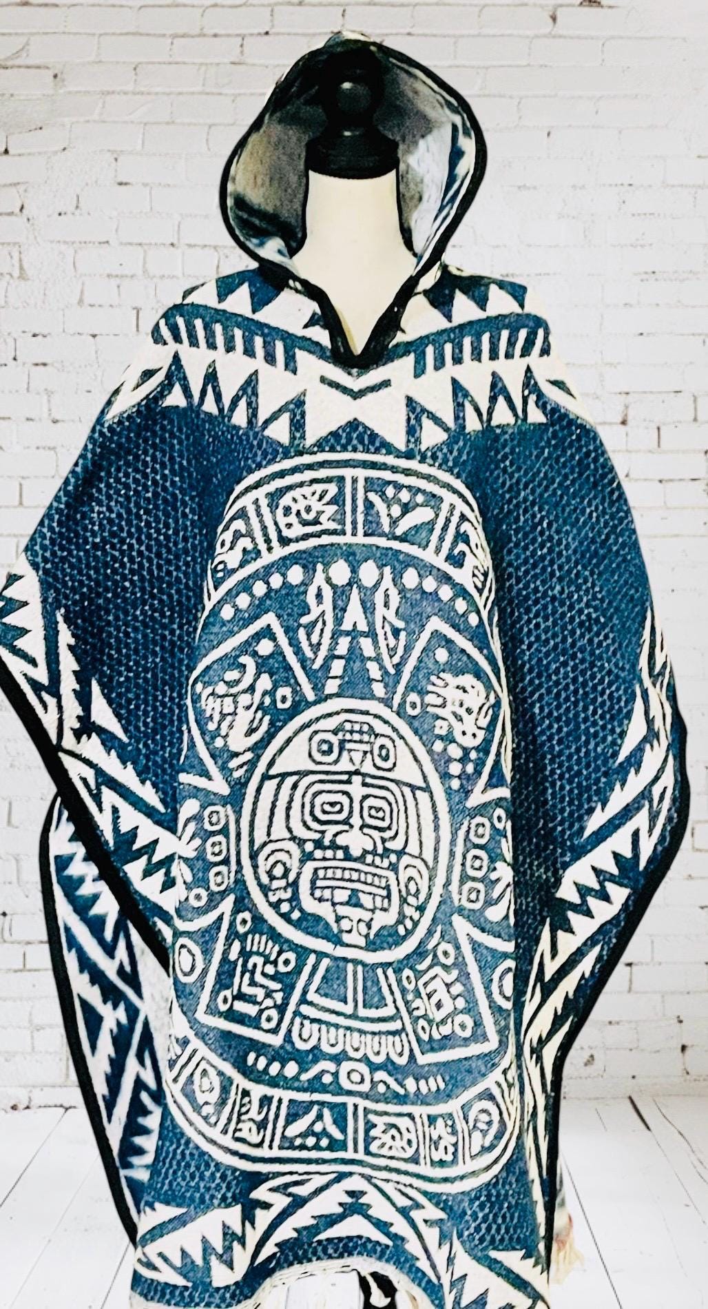 Mexican Aztec Calendar Double Sided Poncho  Poncho Mexicano Doble Vista Calendario Azteca