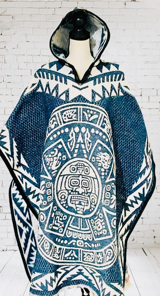 Mexican Aztec Calendar Double Sided Poncho  Poncho Mexicano Doble Vista Calendario Azteca