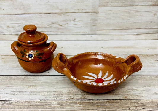 Mexican Terra Cota Salt Shaker and Casserole Handmade Barro Pottery Set Salero de Barro Mexicano y Cazuelita Artesanal