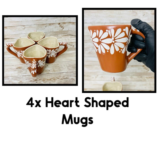 4x Mexican Ceramic Heart Shaped Pottery Cups 4x Tazas de Ceramica Mexicanas en Forma de Corazon