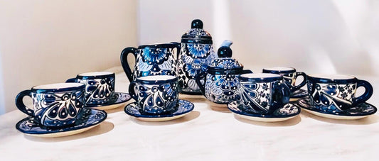 Mexican Talavera Tea Coffee Set Drinkware With 6  Mugs Sugar Bowl Talavera Mexicana de Cafe/Te con Tazas Platos Azucarera y Tetera