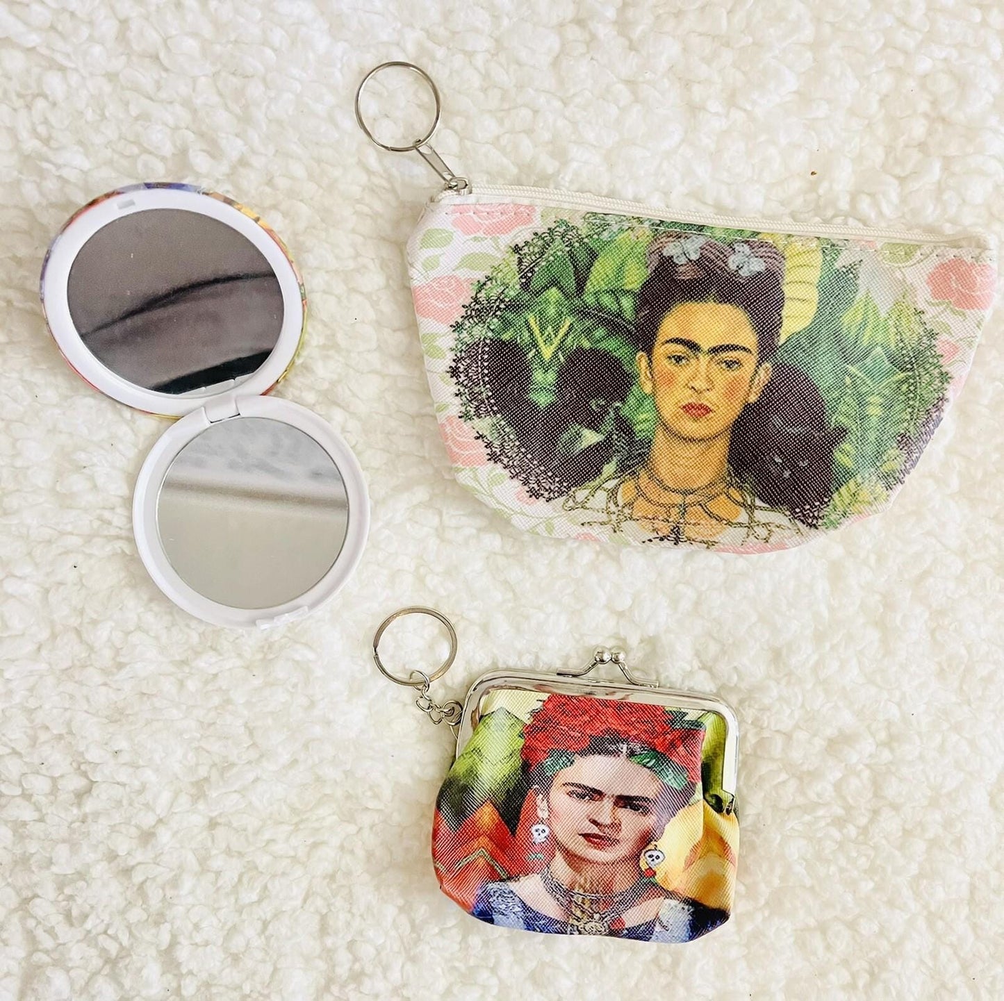 3 Piece Frida Kahlo Coin Bag, Zipper Bag & Mirror Set