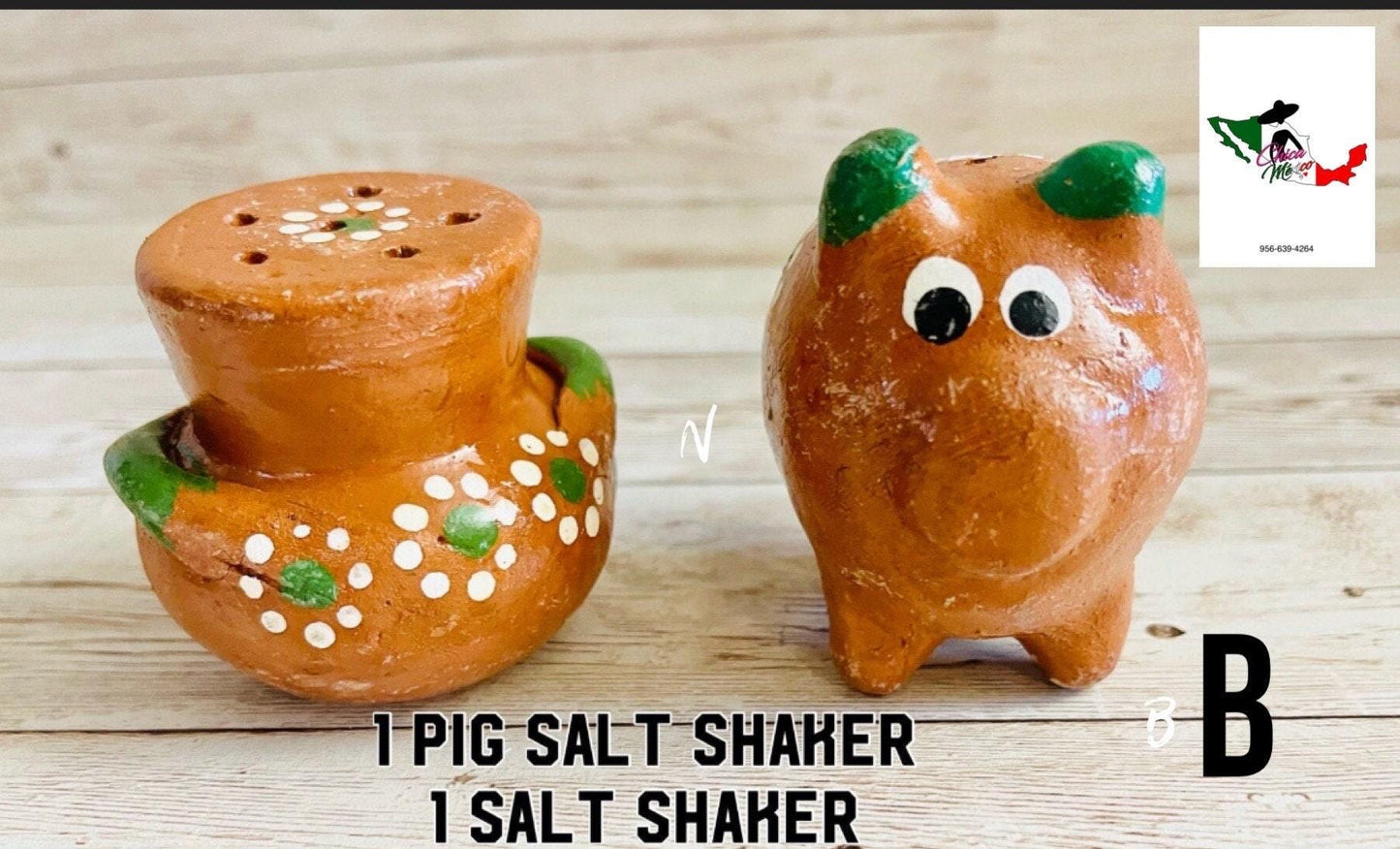 Terra Cotta Mexican Pottery Salsa Pig Bowl with Spoon and Salt Shaker Salsera de Barro Mexicana de Marranito con Cuchara y Salero