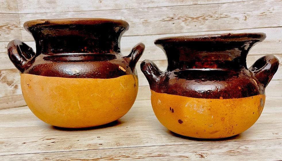 2x Olla de Barro Vidriado Chocolatera oh Frijolera 2x Terra Cota Bean Or Hot Chocolote Pots 6 & 5 Inches Tall