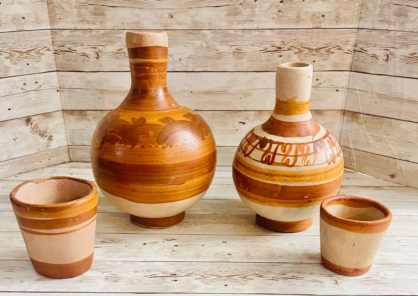 2x Mexican Clay WaterJug & Cup 2 BotellГіnes GarrafГіn de Barro con Tapa Mexicano