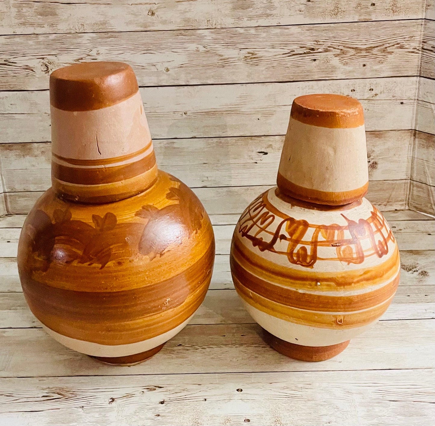 2x Mexican Clay WaterJug & Cup 2 BotellГіnes GarrafГіn de Barro con Tapa Mexicano