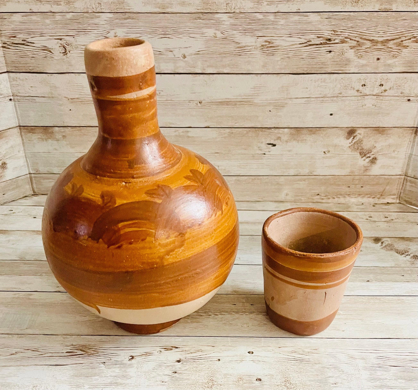 2x Mexican Clay WaterJug & Cup 2 BotellГіnes GarrafГіn de Barro con Tapa Mexicano