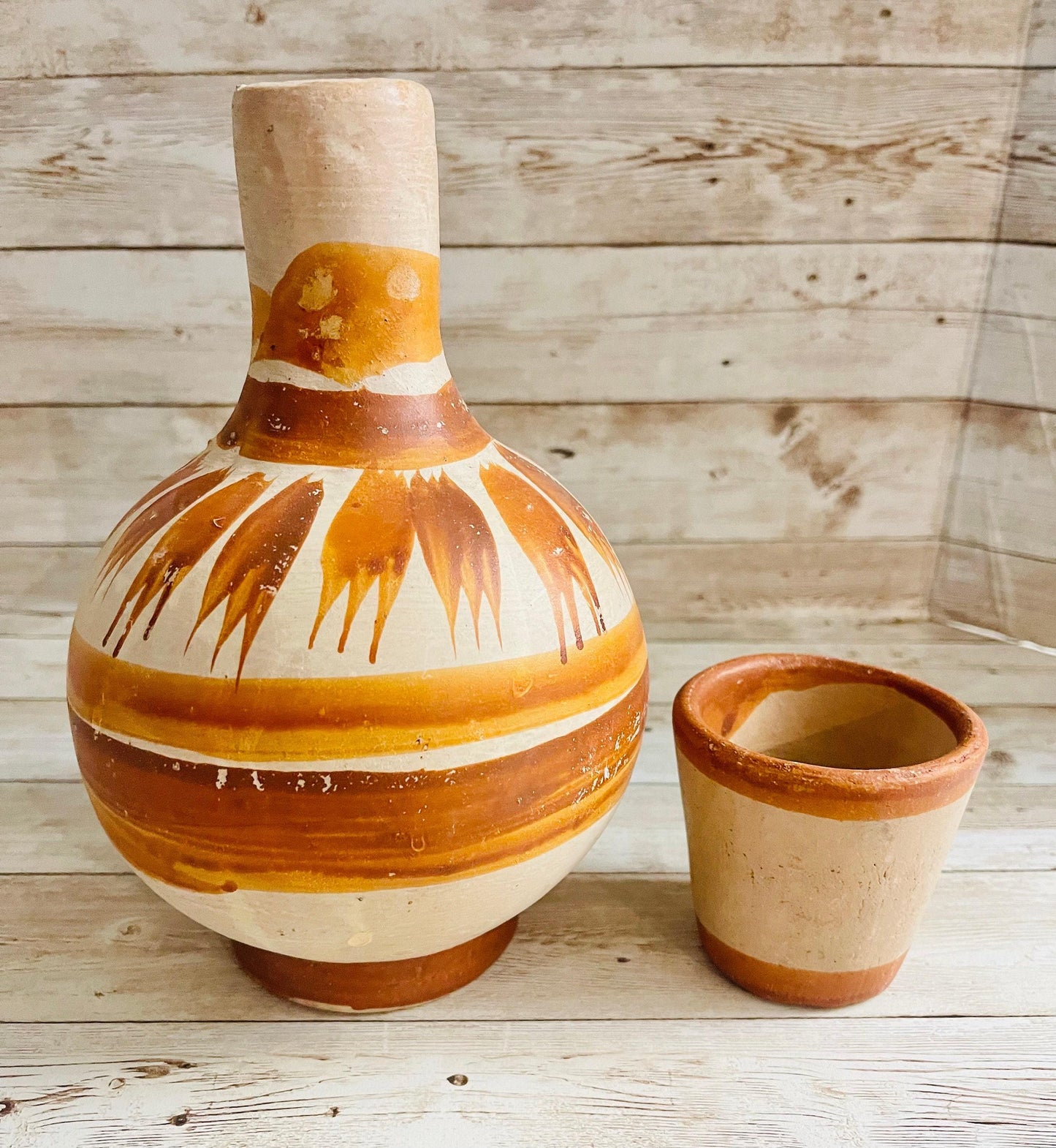 2x Mexican Clay WaterJug & Cup 2 BotellГіnes GarrafГіn de Barro con Tapa Mexicano
