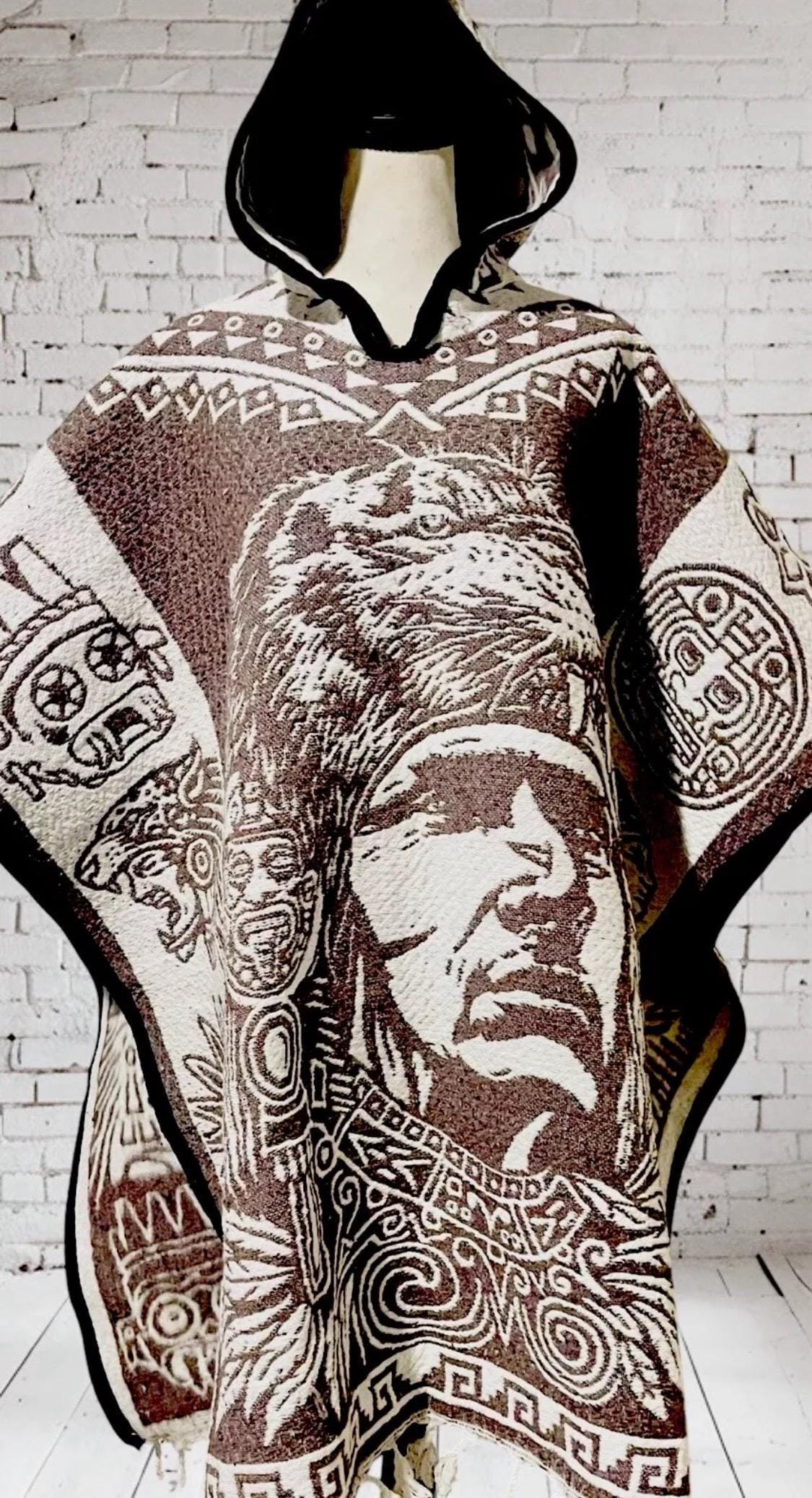 Mexican Double Sided Poncho Aztec and Jaguar Poncho Gavan Azteca con Jaguar Doble Vista