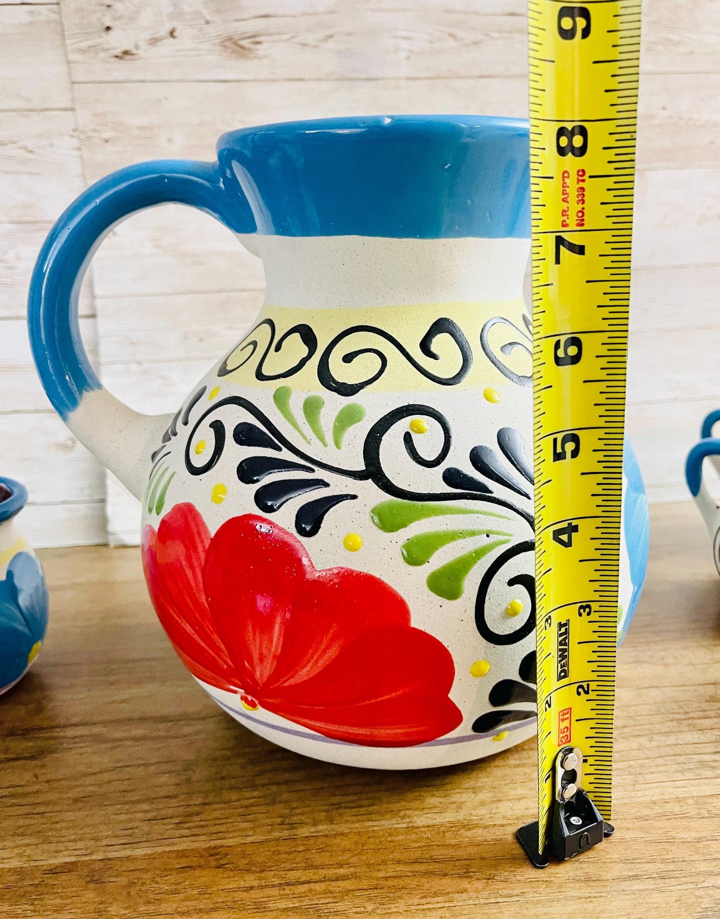 Terra Cotta Mexican Art Pottery Pitcher With 6 Cups Jarra Artesanal Mexicana