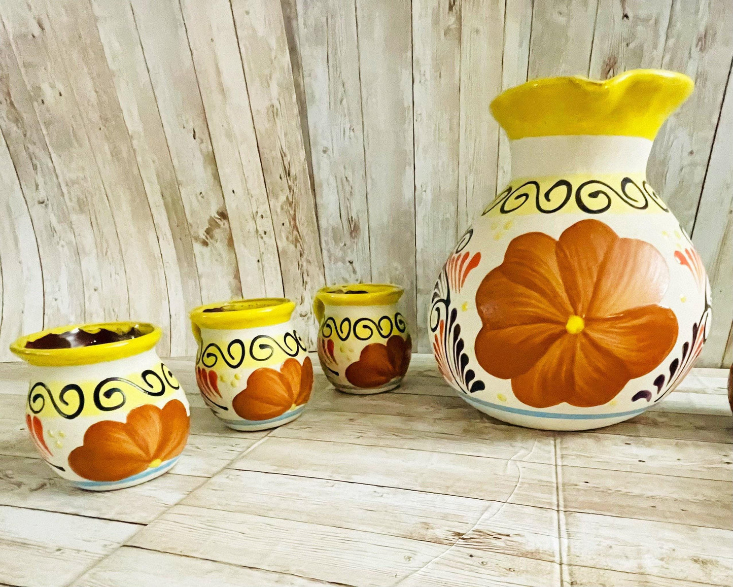 Terra Cotta Mexican Art Pottery Pitcher With 6 Cups Jarra Artesanal Mexicana