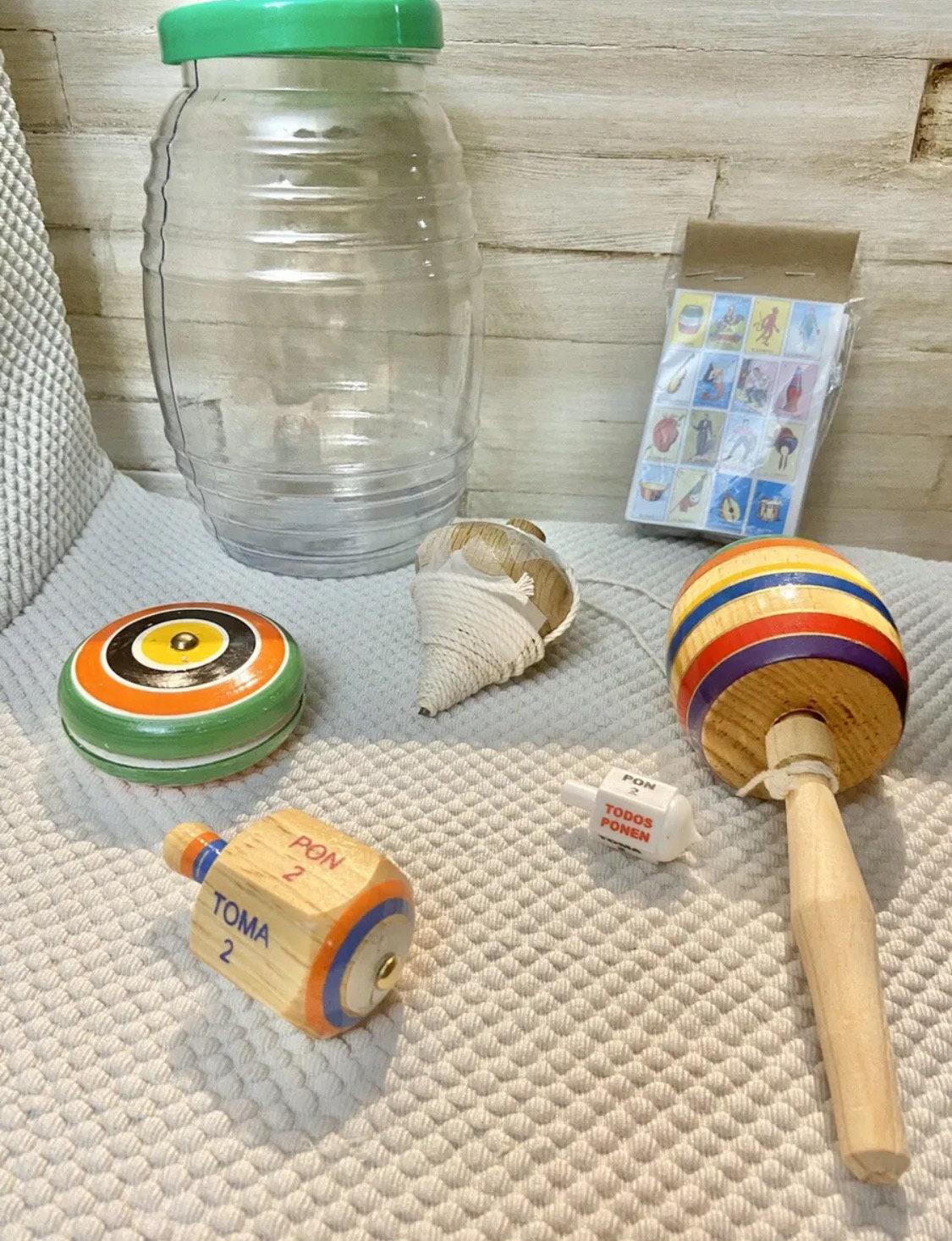 Mexican Classic Toys Set Trompo TomaTodo Balero Resortera Wood Yoyo and Mini Loteria in Vitrolero