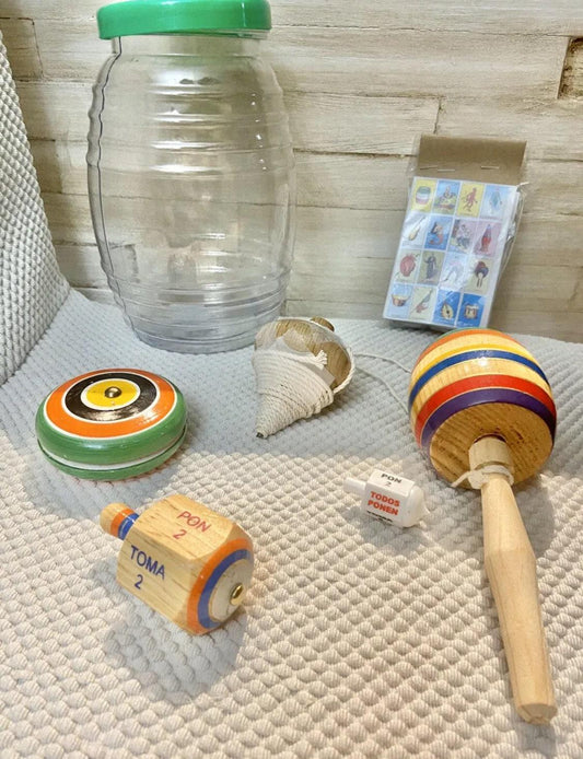 Mexican Classic Toys Set Trompo TomaTodo Balero Resortera Wood Yoyo and Mini Loteria in Vitrolero