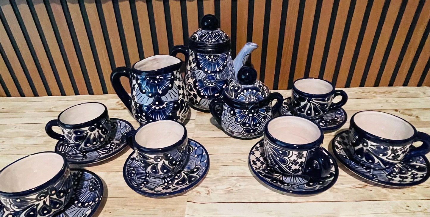 Mexican Talavera Tea Coffee Set Drinkware With 6  Mugs Sugar Bowl Talavera Mexicana de Cafe/Te con Tazas Platos Azucarera y Tetera