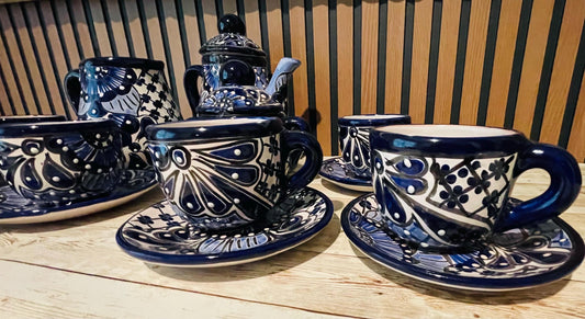 Mexican Talavera Tea Coffee Set Drinkware With 6  Mugs Sugar Bowl Talavera Mexicana de Cafe/Te con Tazas Platos Azucarera y Tetera