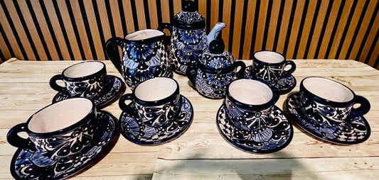 Mexican Talavera Tea Coffee Set Drinkware With 6  Mugs Sugar Bowl Talavera Mexicana de Cafe/Te con Tazas Platos Azucarera y Tetera