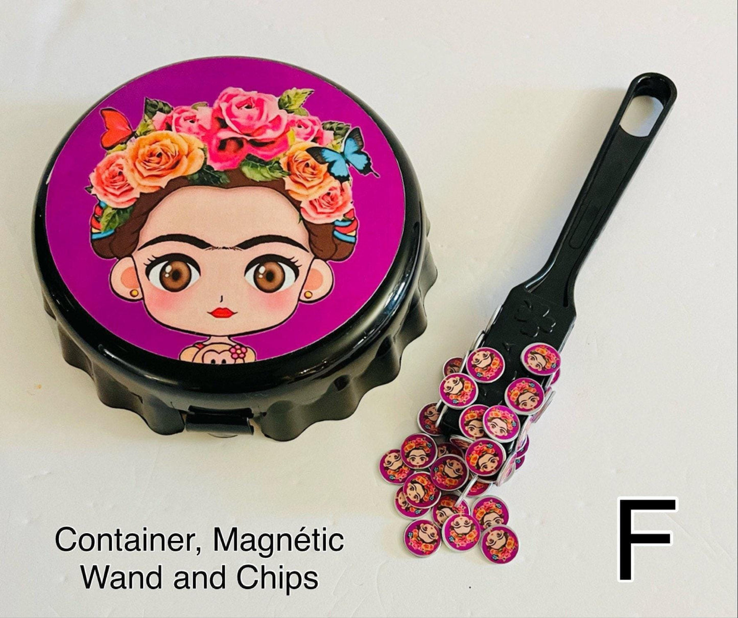 Frida Kahlo Container with Magnetic Wand and Magnetic Chips Fichero de Frida con Fichas y Pala Magnetica