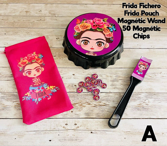 Frida Kahlo Container with Magnetic Wand and Magnetic Chips Fichero de Frida con Fichas y Pala Magnetica