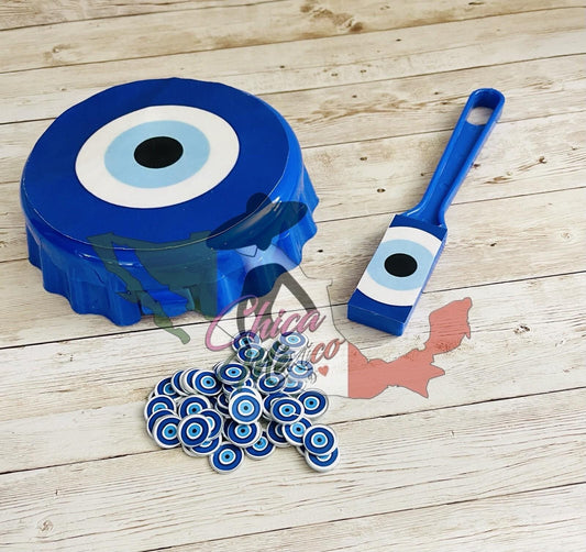 Fichero con Pala MagnГ©tica Y 50 Fichas De Mal De Ojo Guardar Fichas Y Monedas Evil Eye Magnetic Wand, Chips and Plastic Container
