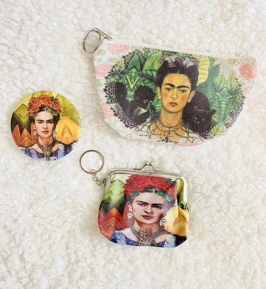 3 Piece Frida Kahlo Coin Bag, Zipper Bag & Mirror Set