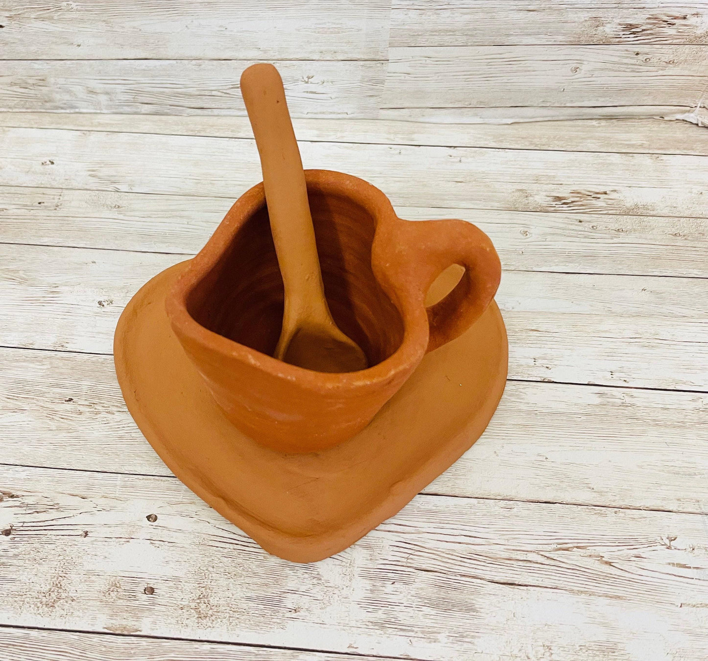 Mexican Red Terra Cota Heart Cup Mug with Heart Plate & Spoon Taza Plato y Cuchara de Corazon de Barro Rojo Mexicano