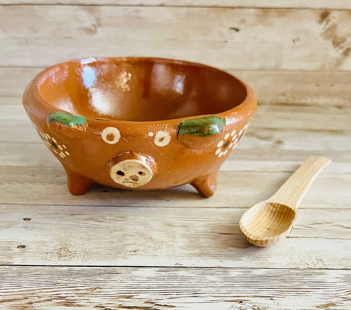 Terra Cotta Mexican Pottery Salsa Pig Bowl with Spoon Salsera de Barro Mexicana de Marranito con Cuchara
