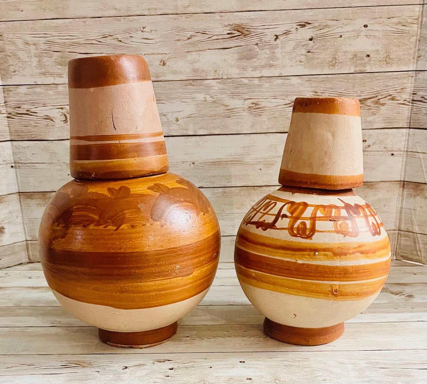 2x Mexican Clay WaterJug & Cup 2 BotellГіnes GarrafГіn de Barro con Tapa Mexicano