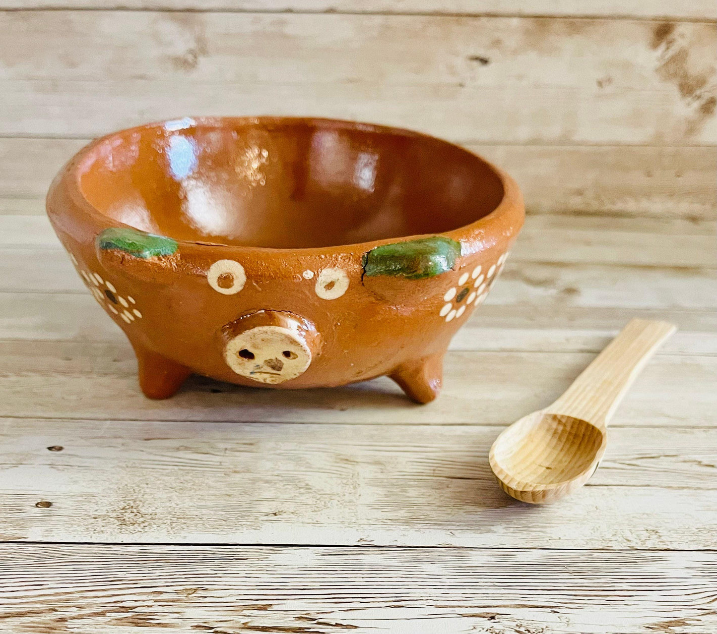 Terra Cotta Mexican Pottery Salsa Pig Bowl with Spoon and Salt Shaker Salsera de Barro Mexicana de Marranito con Cuchara y Salero