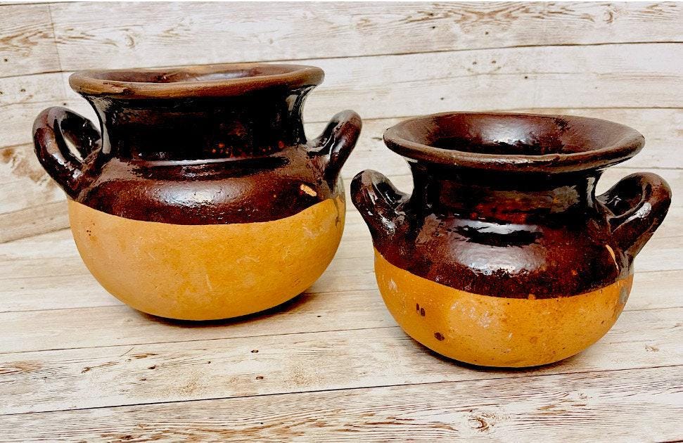 2x Olla de Barro Vidriado Chocolatera oh Frijolera 2x Terra Cota Bean Or Hot Chocolote Pots 6 & 5 Inches Tall