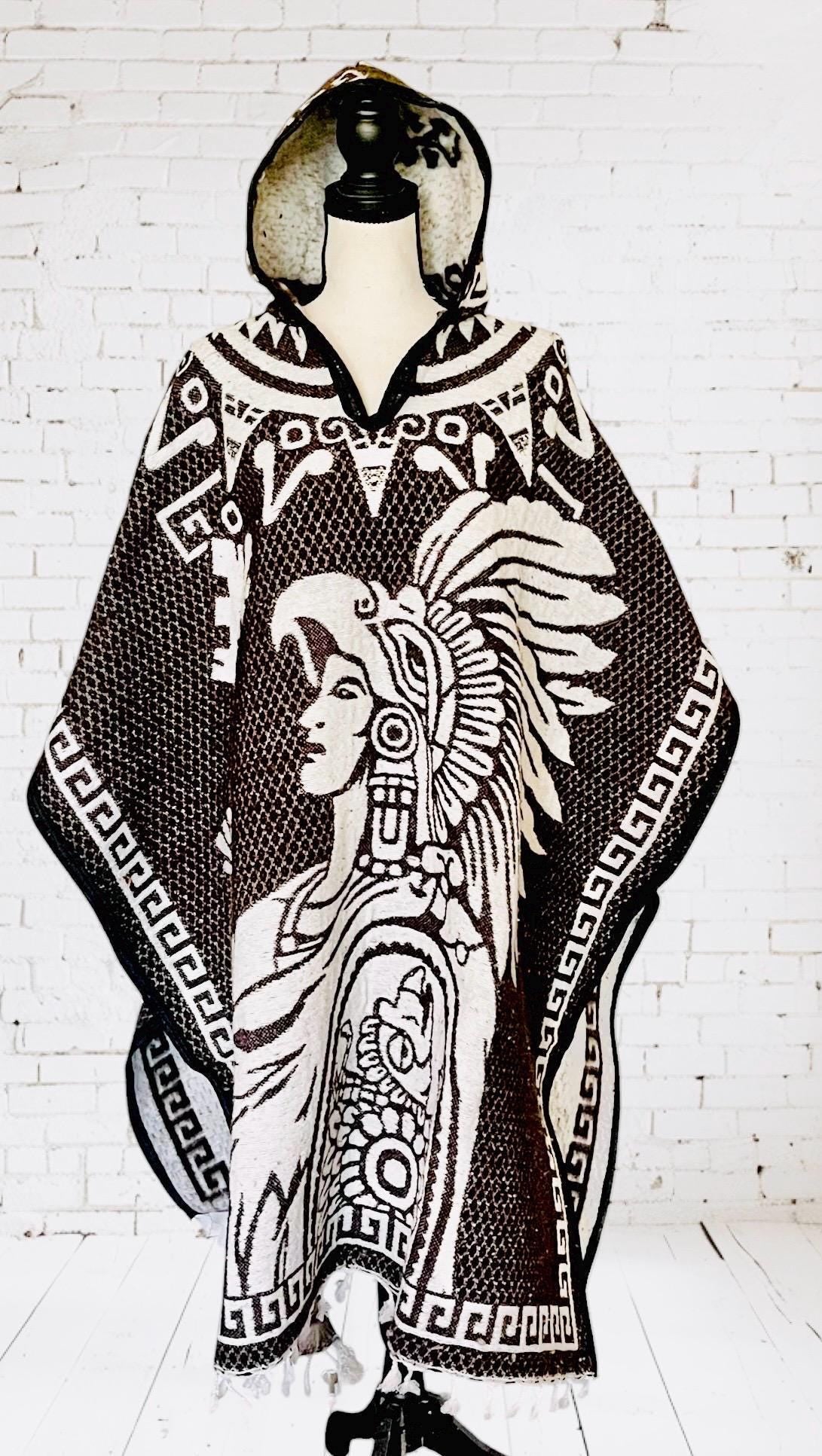 Poncho Azteca con Guerrero y Escudo Nacional Double Sided Aztec Calendar Poncho